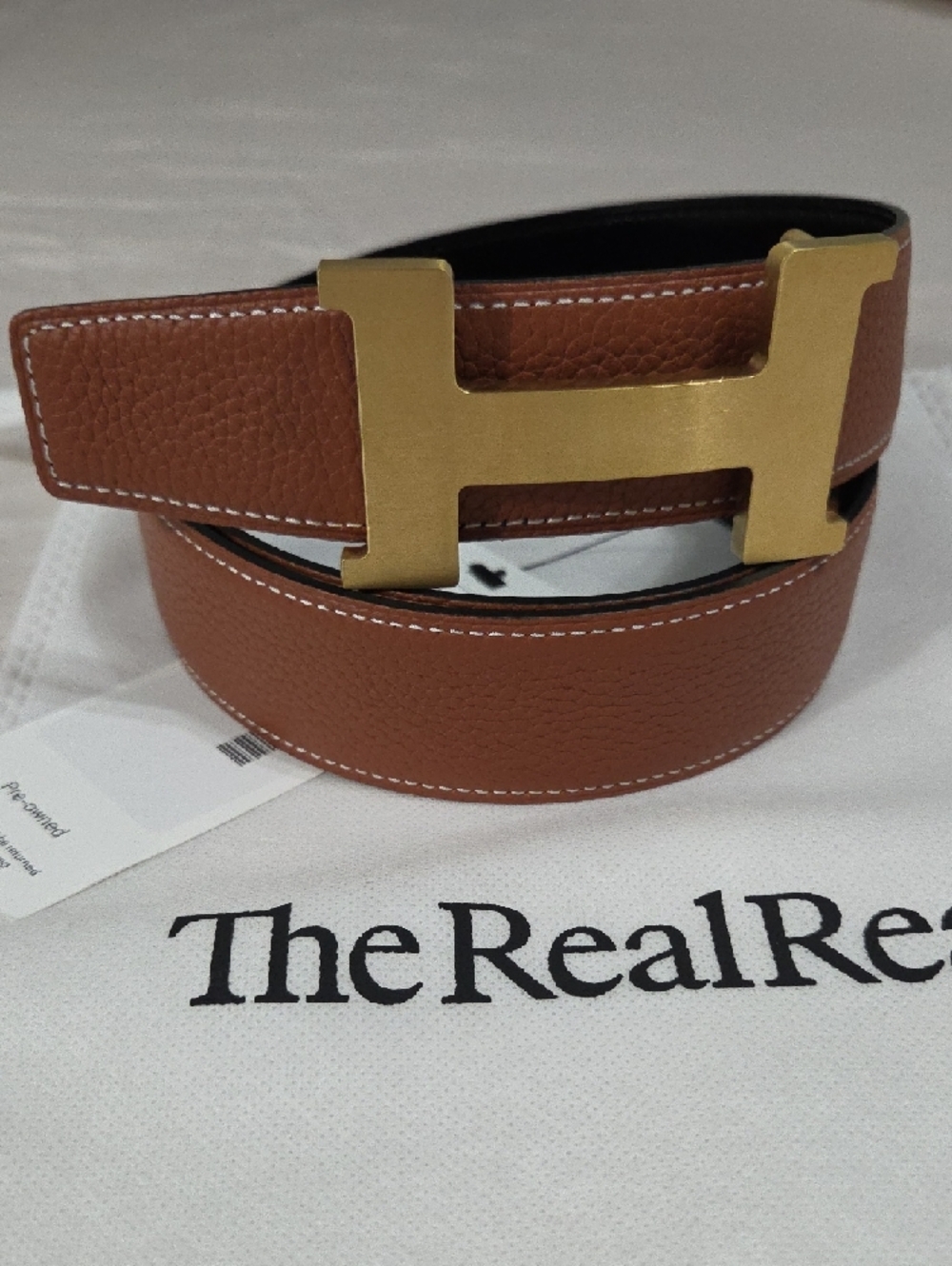 Brown Leather Men's Belt with Gold H Buckle 95cm